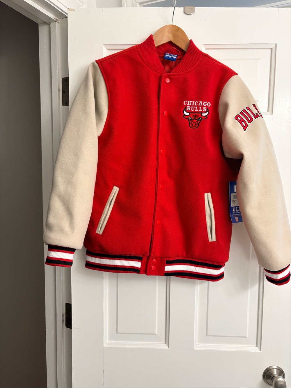 NBA Chicago Bulls Red and Cream Kids Letterman Jacket